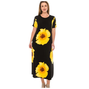 Jostar Black Yellow Floral Short Sleeve Maxi Dress Size Large